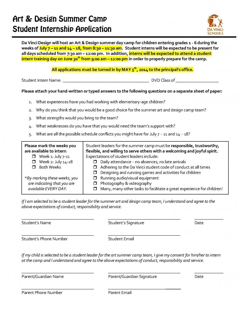 Summer Camp Internship Application - Da Vinci Design