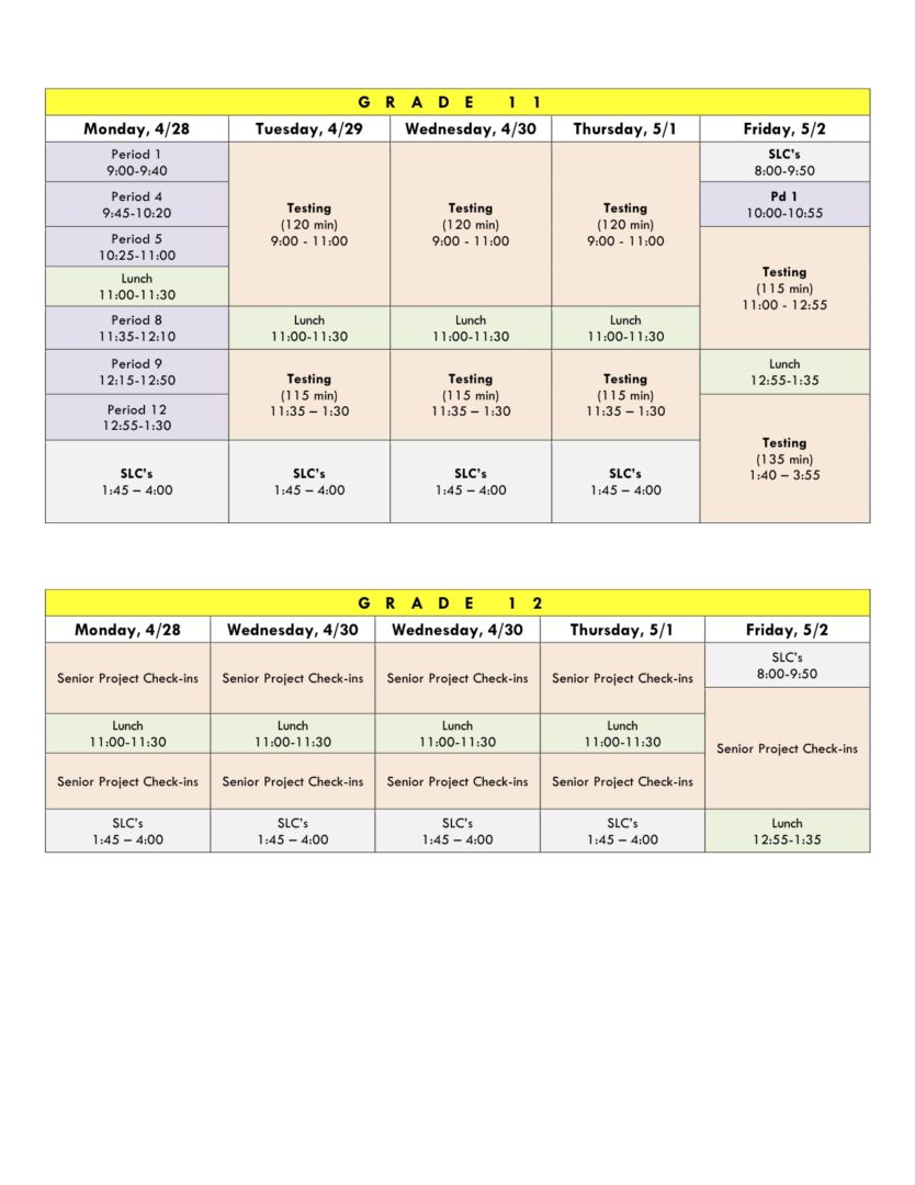 Testing SLC Week Schedule 2014