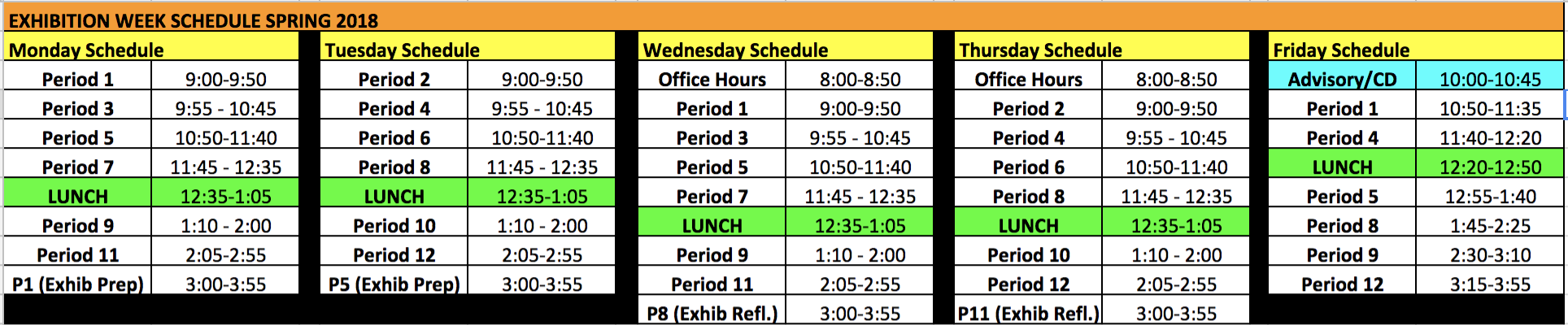 Spring 2018 Exhibition Bell Schedule